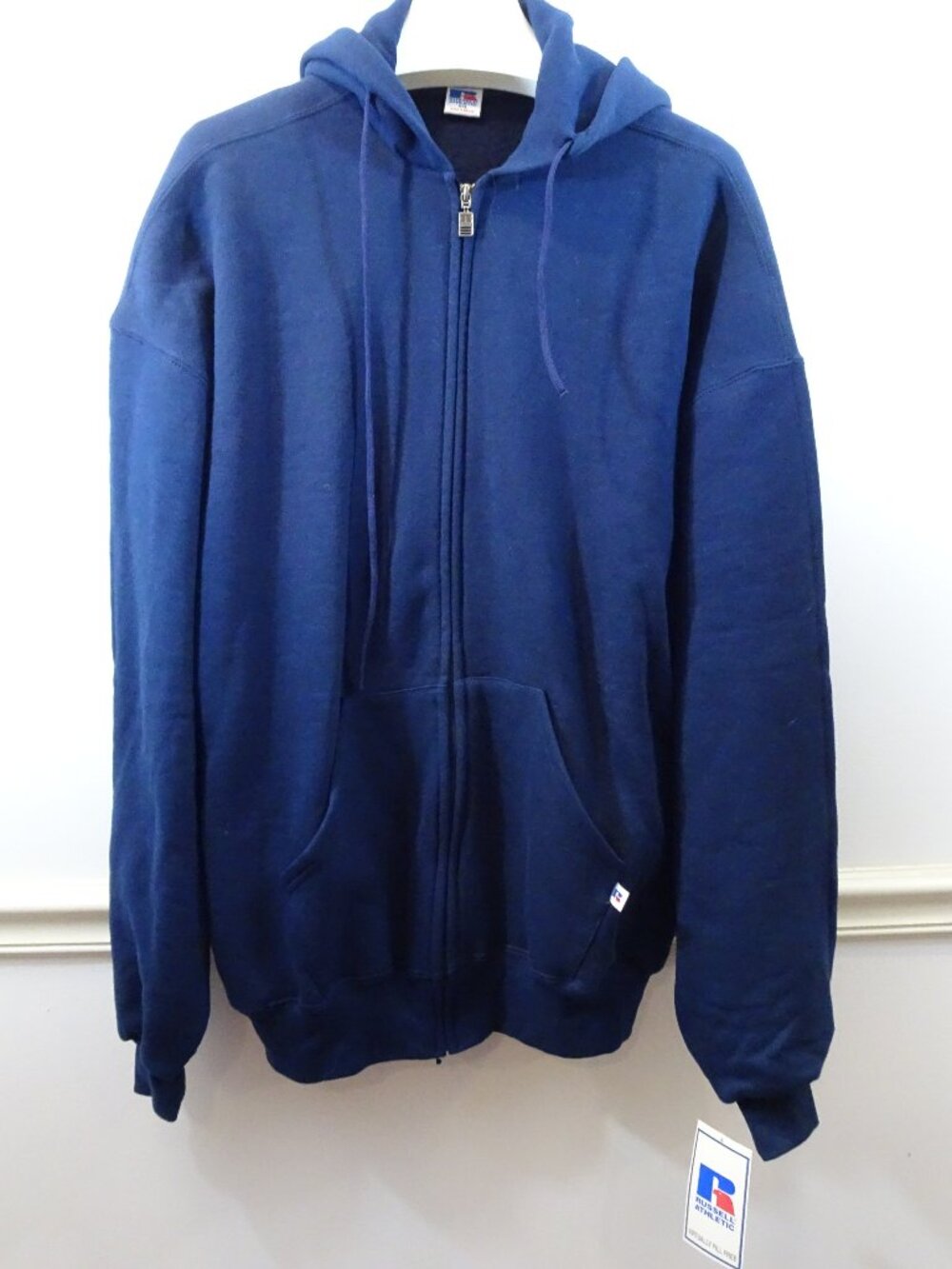 Vintage 90s Russell Solid Blank Navy Blue Full Zip Hoodie Size XXL NOS Hip Hop
